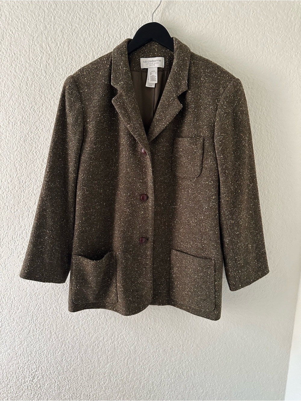Liz Claiborne Vintage Olive Brown Tweed Blazer with Patch Pockets